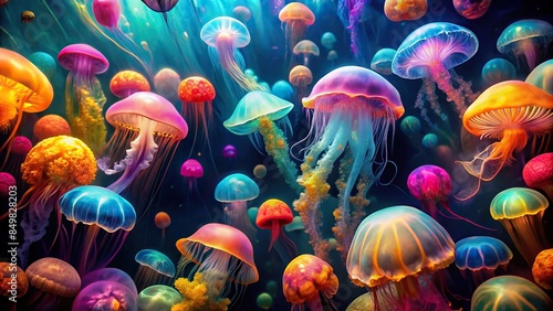 Colorful background of vibrant jellyfish floating in the ocean, jellyfish, colorful, background, vibrant, ocean
