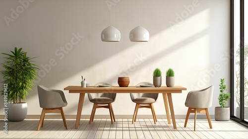 Dining area within a small minimalist house, featuring a simple table, chairs, and pendant lighting, depicted against a white background. 3d Clipart, Isolate on white background, Center image,