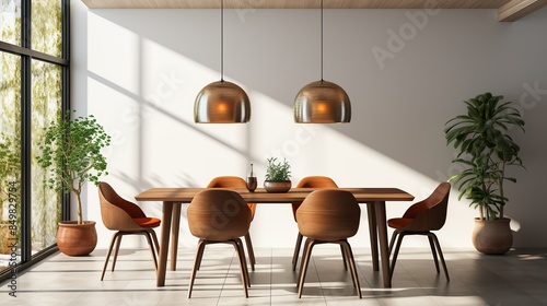 Dining area within a small minimalist house, featuring a simple table, chairs, and pendant lighting, depicted against a white background. 3d Clipart, Isolate on white background, Center image,