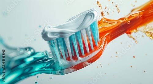 The bristles of a toothbrush with blue and white tips are in mid-air, suspended above water.