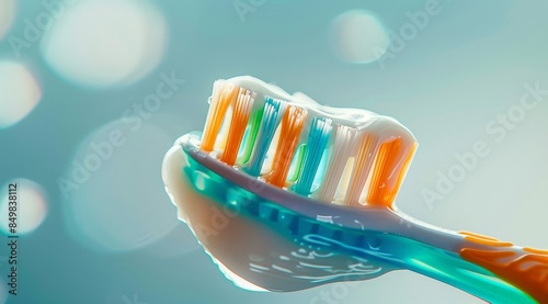 Toothbrush with blue and white toothpaste, bristles facing up.
