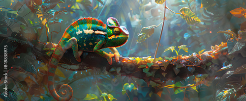 Colorful Chameleon Sits Majestically on Leaf Branch in Lush Jungle