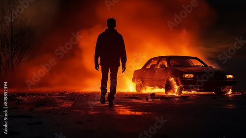 Silhouette of man walking out from burning car at night