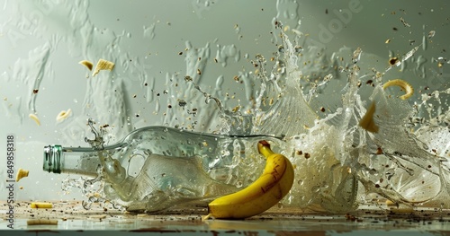 A banana is dropped on the floor, causing it to split and create a mess with yellow liquid.