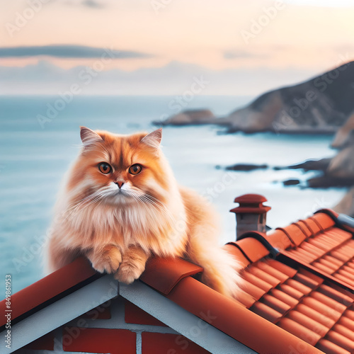 Peach-colored cat lounging on a rooftop with a backdrop of the sea and coastal cliffs