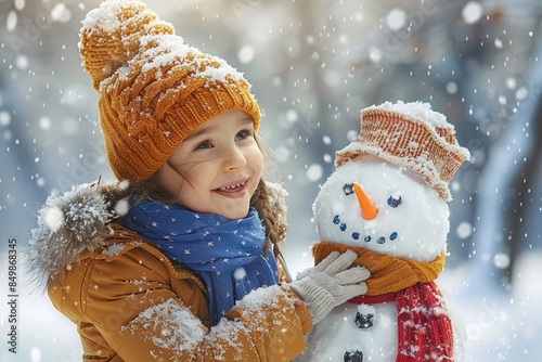 A joyful child in warm winter clothing hugging a cheerful snowman with a snowfall background, embodying the festive winter season