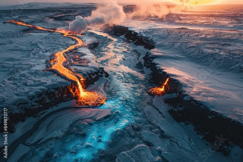 Picturesque Sunset View of Lava Flowing into River in Iceland, Captivating Natural Beauty of Icelandic Landscape at Dusk