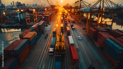 Aerial view of a busy shipping port at sunset with containers, cranes, and vehicles under a vibrant sky. Urban skyline in the background.