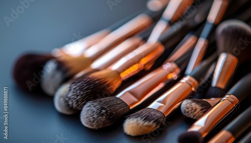 A close-up of various makeup brushes on a table