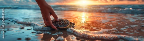 Hand Releasing Sea Turtle into Ocean at Sunset on Sandy Beach with Waves and Vibrant Sky