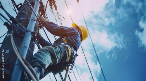 An electrician on ladder is installing receiving antenna for connection and disconnection electrical current on electric power pole.