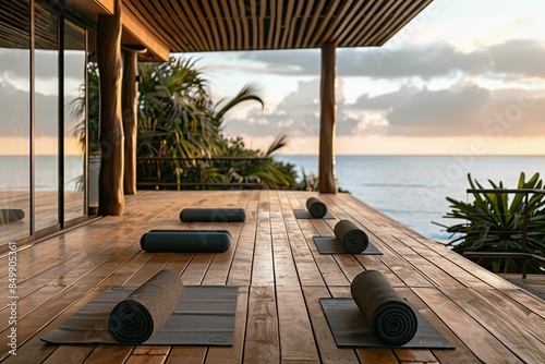 serene wellness retreat with yoga mats on a wooden deck