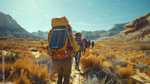 A group of hikers trekking through a desert landscape their backpacks equipped with foldable solar panels to charge their devices.