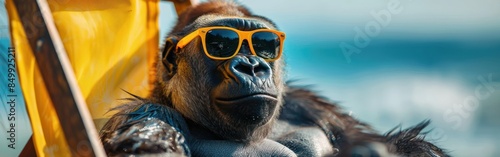 Gorilla with Sunglasses Relaxing on Tropical Beach Lounge Chair - Summer Vacation Pet Photography Banner Background