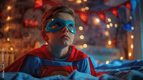 A young boy wearing a red shawl dresses up as a superhero at home in his bedroom as a child imagines him to embark on another epic mission to save the world.
