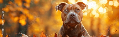 Autumnal Sadness: Brown Pitt Bull Terrier Dog in Nature with Leaves - Animal Pet Banner