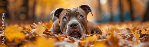 Autumnal Sadness: Brown Pitt Bull Terrier Dog in Nature with Leaves - Animal Pet Banner
