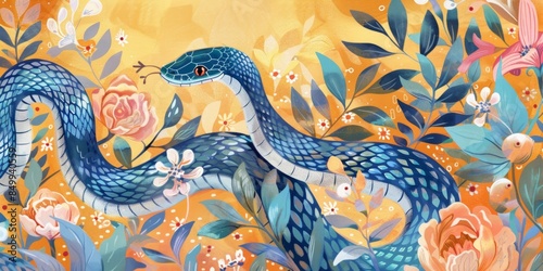 A blue and white porcelain snake, traditional Chinese pattern, yellow background, graceful curves, New Year, mural, decorative painting, Spring Festival, Year of the Snake, zodiac, animal, high-defini