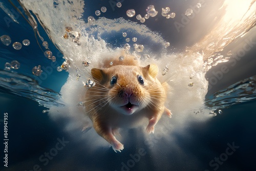 Hamster swims in the water with bubbles. 3d rendering