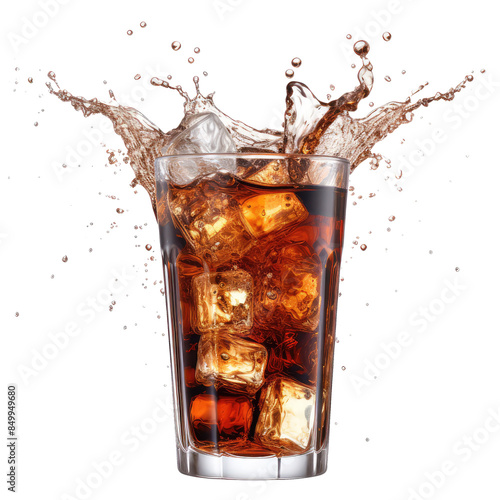 Glass of cola with splash isolated on transparent white background, clipping path 