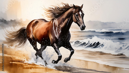 Racehorse running along the seaside painted in watercolor.