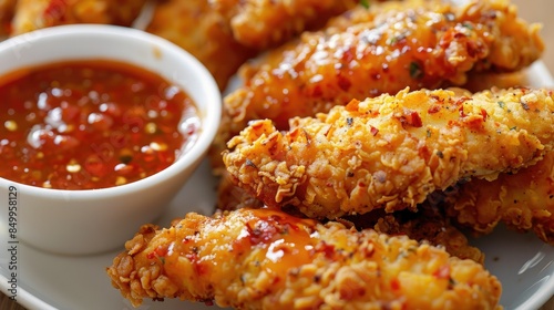 Close-up of crunchy fried chicken tenders with side of spicy chili sauce