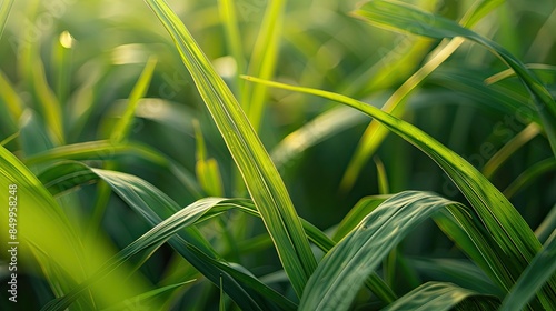 Close-up of fresh and vibrant sugar cane leaves in lush agricultural field