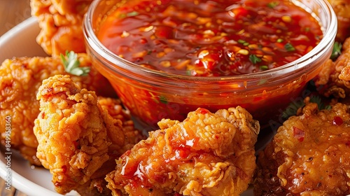 Close-up of golden brown fried chicken pieces with bowl of hot chili sauce