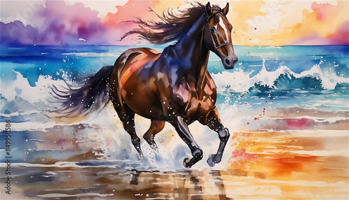 Racehorse painted in watercolor