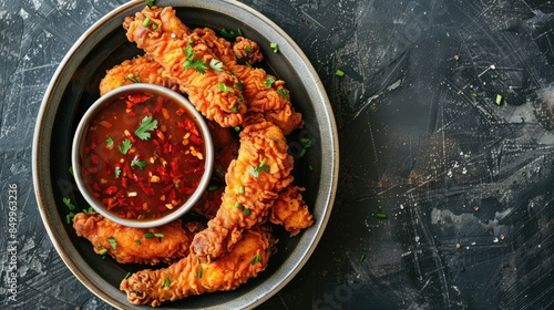 Plate of crunchy fried chicken strips served with bowl of hot chili sauce