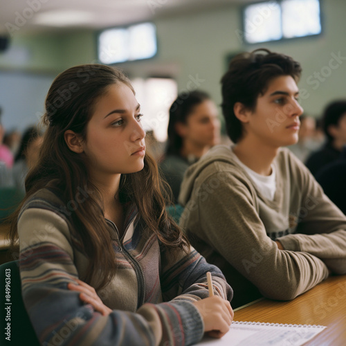 Dos jovenes prestando atención en una clase, con la mirada fija al frente dentro de un aula.