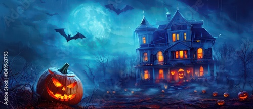 Washed house with eerie moonlight, carved pumpkin, bat shadow flying, spooky style, copy space