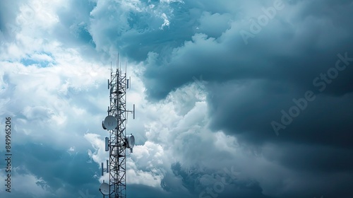 Tall cell tower with antennas and satellite dishes against cloudy sky