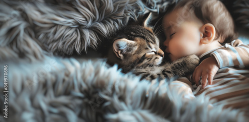 ベッドで眠る赤ちゃんと子猫