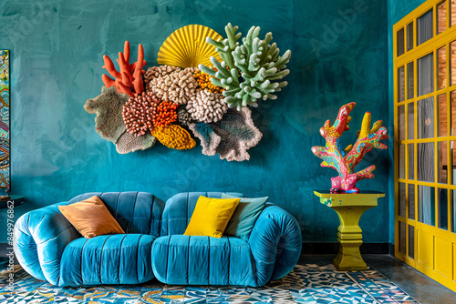 Interior of maximalist living room with teal sofa and colorful coral sculpture