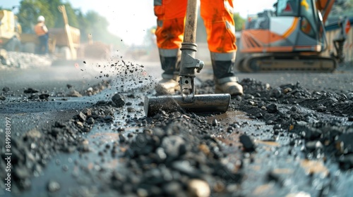 A worker using a jackhammer with visible vibrations shaking their body, illustrated in a hyper-realistic style, at a road construction site, emphasizing the impact of vibration on health.