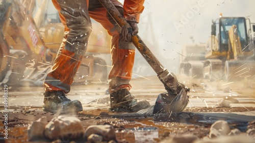 A worker using a jackhammer with visible vibrations shaking their body, illustrated in a hyper-realistic style, at a road construction site, emphasizing the impact of vibration on health. 