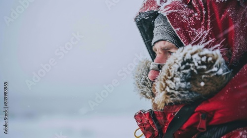 An outdoor worker shivering in heavy winter gear, with frostbite visible on their face, in an Arctic landscape, showcasing the dangers of extreme cold.