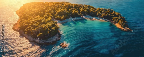 Aerial view of a beautiful island surrounded by turquoise waters and lush green forests during sunset, with the warm sunlight illuminating the scene.
