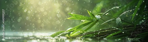 Serene scene of bamboo leaves with water droplets in the rain and sunlight, symbolizing nature, zen, and peace.