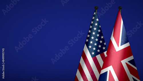 3D rendering of two flag from United Kingdom and United States of America on flagpoles with blue background for diplomatic purposes, bilateral relations, peace and conflict between countries, fabric 