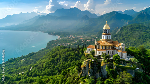 Top view of orthodox monastery in navy faun Abkhazia Christian temple in new bathos photo from above. Orthodox monastery, navy, faun, Abkhazia, Christian temple, new bathos, top view, aerial 