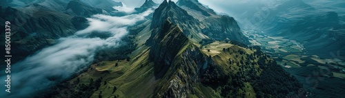 A breathtaking aerial view of a misty mountain range with lush green valleys and dramatic peaks under a cloudy sky.
