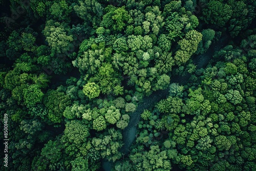 Aerial view of a lush, green forest with dense tree canopy, showcasing the natural beauty and rich foliage from above.