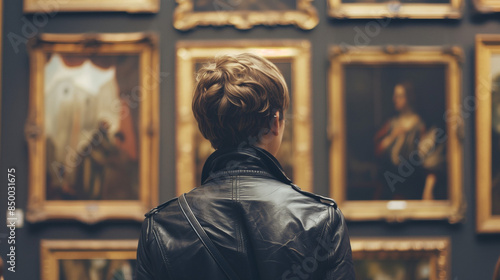 young man looking at renaissance paintings 