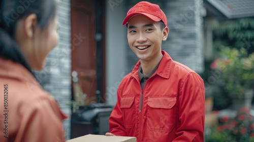 A man in a red shirt is smiling and handing a package to a woman. Concept of warmth and friendliness, as the man is willing to help the woman with her package