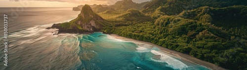 Stunning aerial view of a tropical coastline, with lush green mountains and clear turquoise waters, bathed in golden sunset light.