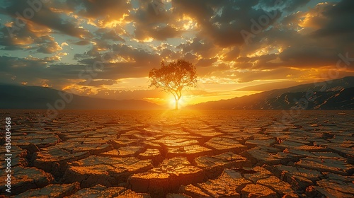 Droughtstricken landscape with cracked dry earth and withered plants, a lonely tree under a blazing sun Drought conditions, parched earth, dry landscape, stark and barren