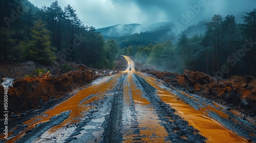 Earthquakeinduced landslide covering a rural road, dramatic earth movement under a stormy sky Landslide aftermath, rural road buried, earthquake impact