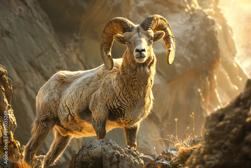 a ram with horns standing on a rock
